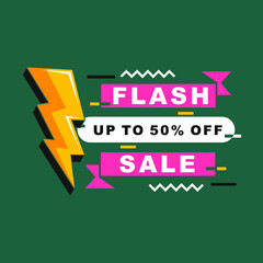 Banner Flash sale with lightning bolt. Banner template for business, shops, advertising , discount, sale. Modern flat style vector illustration.