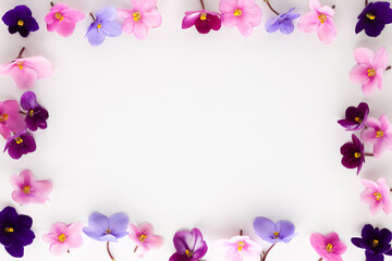 Fototapeta na wymiar Spring or summer flower composition with edible violets on white background. Flat lay, copy space. Healthy life and flowers concept.