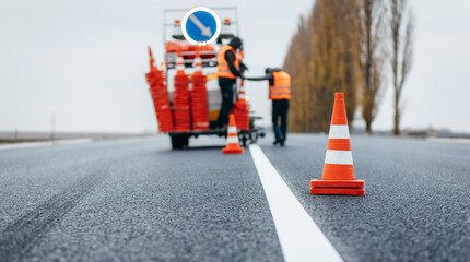 Workers applying new road markings, outse cityide th