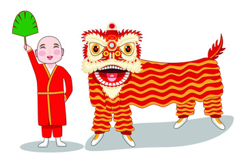 Red golden Chinese lion dance and happy big head monk with fan symbols of Chinese new year or Chinese celebration drawing in cartoon vector