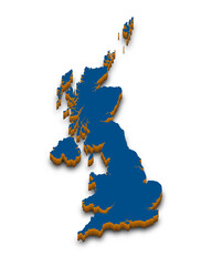 United Kingdom 3D map. Detailed 3d map with dropped shadow. Blue isometric silhouette. Vector illustration. Template for design and infographics.