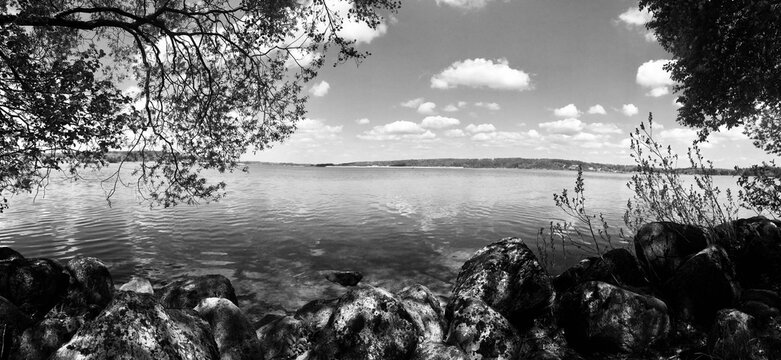 black and white photo of a lake