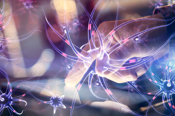 Double exposure of man's hands holding and using a phone and neuron drawing. Education concept.