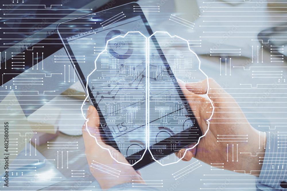 Poster double exposure of man's hand holding and using a digital device and brain hologram drawing. data co