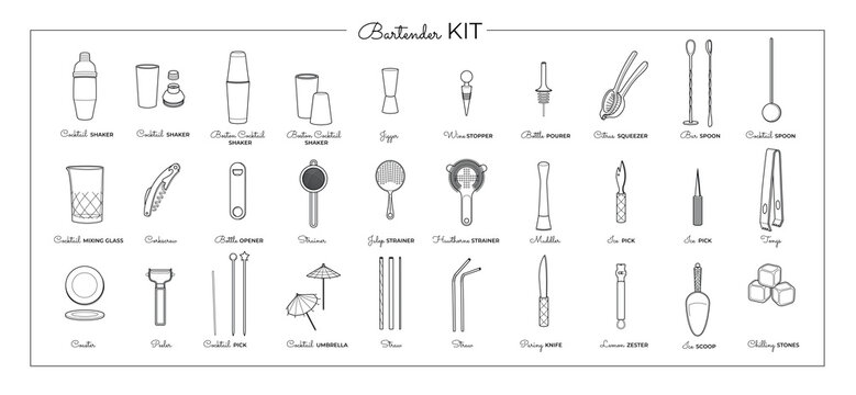 Vector bartender equipment set. Vector line art illustration