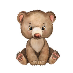 Watercolor illustration of cartoon little bear cub, brown teddy, baby animal, forest animal, baby wall art © Vladimir Savin