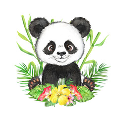 Watercolor illustration of a cute little panda bear, panda bear, china, animal cub 