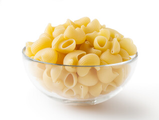 Uncooked pipe rigate pasta in glass bowl isolated on white background with clipping path