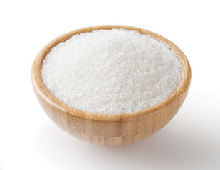 Granulated white sugar in wooden bowl isolated on white background with clipping path