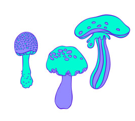 Magic mushrooms. Psychedelic hallucination. Vibrant vector illustration. 60s hippie colorful art in pink pastel goth colors isolated on white. Sticker, patch, poster graphic design.