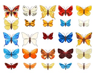 Big set of beautiful butterflies in fun cartoon style. Object isolated on white background. Summer pretty insects. Vector