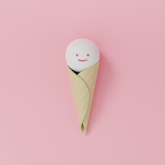 3d render of pink ice cream with smile face. Flat lay summer concept.