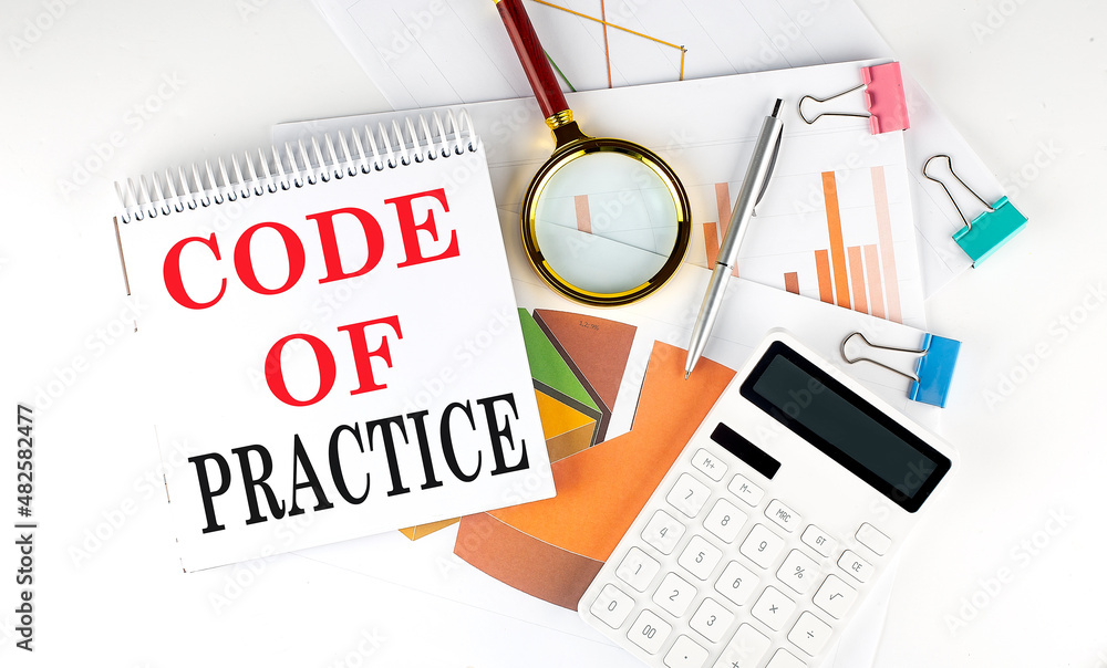 Poster white notepad text code of practice with diagram,chart,calculator on the white background