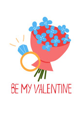 Cute love postcard with flowers and ring in hand drawn style. Creative concept design.Simple vector illustration.
