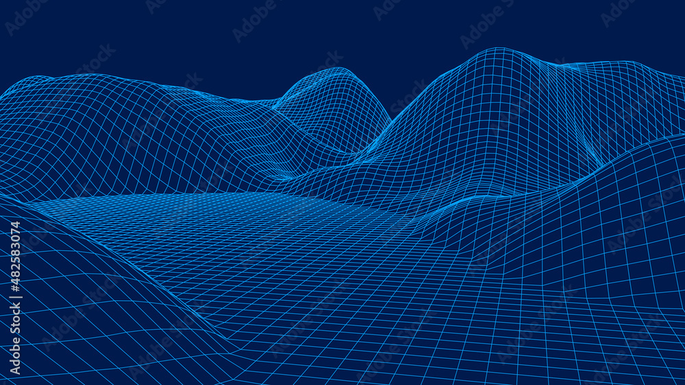 Poster vector wireframe 3d landscape. technology grid illustration. network of connected dots and lines. fu
