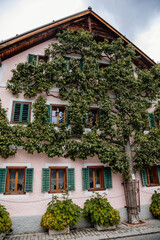 Hallstatt, Austria, 27 August 2021: Colorful scenic picturesque town street at summer day, oval wooden door, pink traditional house with green shutters, apear tree with fruits weaves along facade