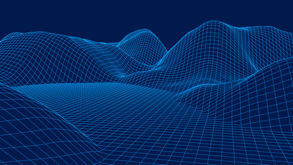 Vector wireframe 3d landscape. Technology grid illustration. Network of connected dots and lines. Futuristic background.