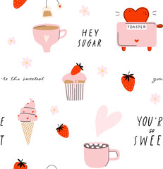 Cute doodle Valentine's day seamless pattern. Sweet design in red, pink colors. Lovely hand drawn cool elements - cupcake, strawberry, cup of tea, toaster, ice cream, cup of cocoa. Vector eps