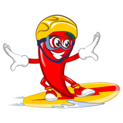 vector mascot character illustration of chili as a snow surfer happily gliding