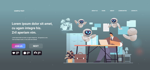 overworked businessman with robots using laptop at workplace busy business man working in office paperwork deadline