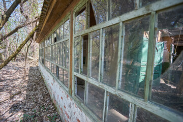 ruined old houses in Zalyssia village located in Chernobyl Exclusion zone, popular dark tourism location, Ukraine