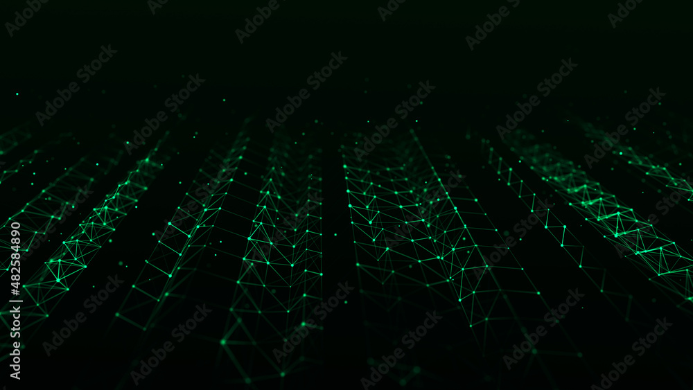 Poster dynamic flow of digital particles. network connection structure. big data visualization. 3d renderin