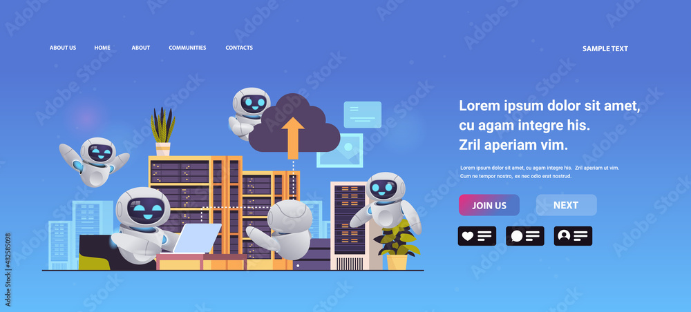 Poster modern robots working in data center room hosting server computer monitoring information database ar