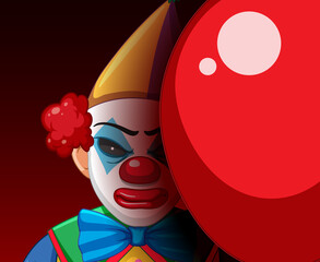 Creepy clown face peeking out from behind balloon