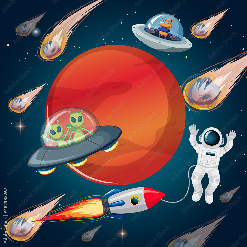 Canvas Prints outer space scene with astonaut and alien in cartoon style