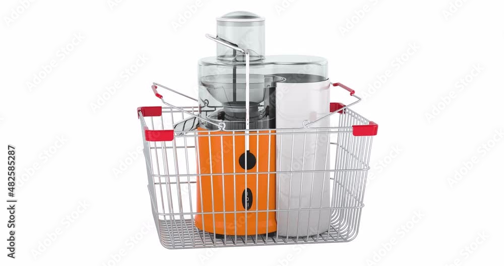 Poster electric juicer adding to shopping basket, 3d animation. 3d rendering
