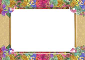 レトロな和風の花柄　豪華　綺麗　和柄　背景素材　手書き　イラスト　正月　年賀状素材　結婚　植物柄