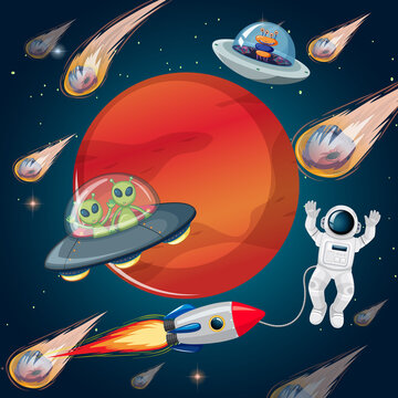 Outer space scene with astonaut and alien in cartoon style