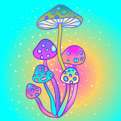 Fototapeta na wymiar Magic mushrooms. Psychedelic hallucination. Vibrant vector illustration. 60s hippie colorful art in pink pastel goth colors isolated. Sticker, patch, poster graphic design.