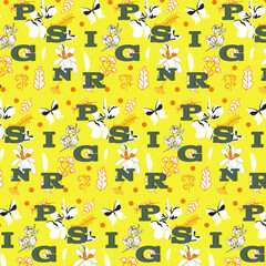 Seamless pattern with white flowers and word Spring on the yellow background