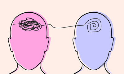 Two people head silhouette psychotherapy concept. Therapist and patient. Vector illustration for psychologist blog or social media post.
