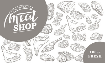 A set of raw meat. Beef, pork, lamb. Vector illustration in the style of a sketch. A booklet, banner, or flyer of a butcher shop or store.