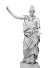 Ancient Greek Roman statue of goddess Athena god of wisdom and the arts historical sculpture isolated on white with clipping path