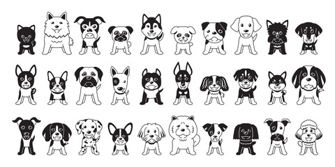 Different type of vector cartoon black color dogs on white background for design.