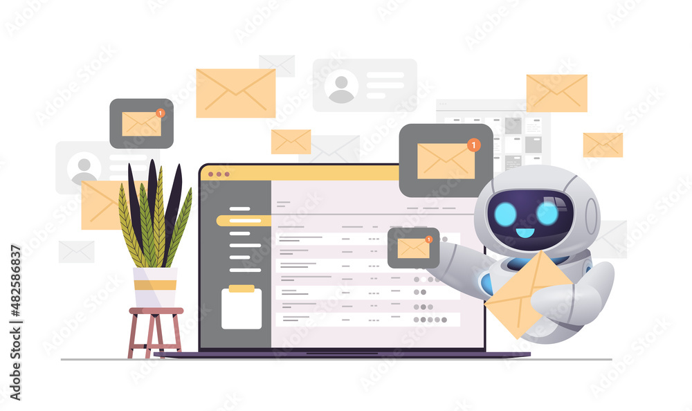 Poster modern robot sending or receiving letters email inbox message notification artificial intelligence t