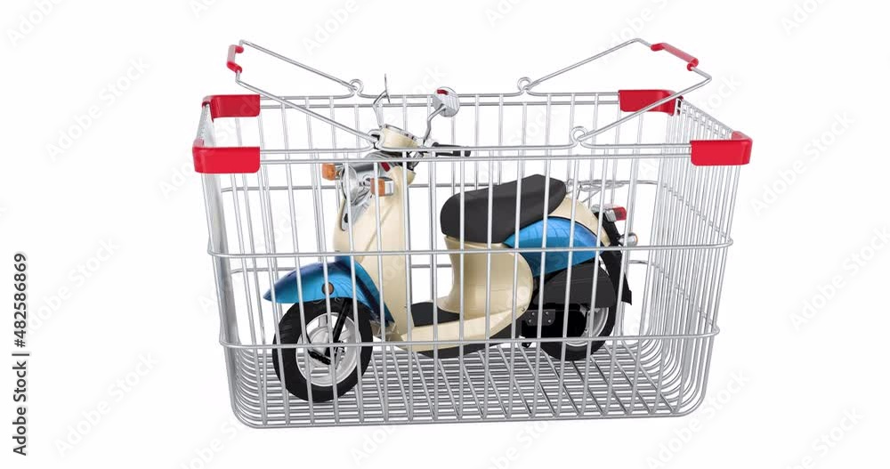Poster motor scooter adding to shopping basket, 3d animation. 3d rendering