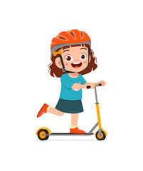 cute little girl riding scooter and wear helmet