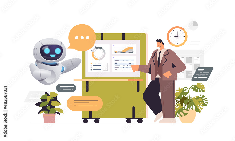 Poster businessman with robot analyzing financial statistics data in office artificial intelligence technol