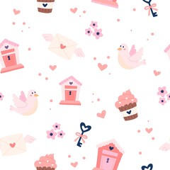 Valentine's day pattern with cute doves, letterboxes and keys. Hand drawn vector illustration