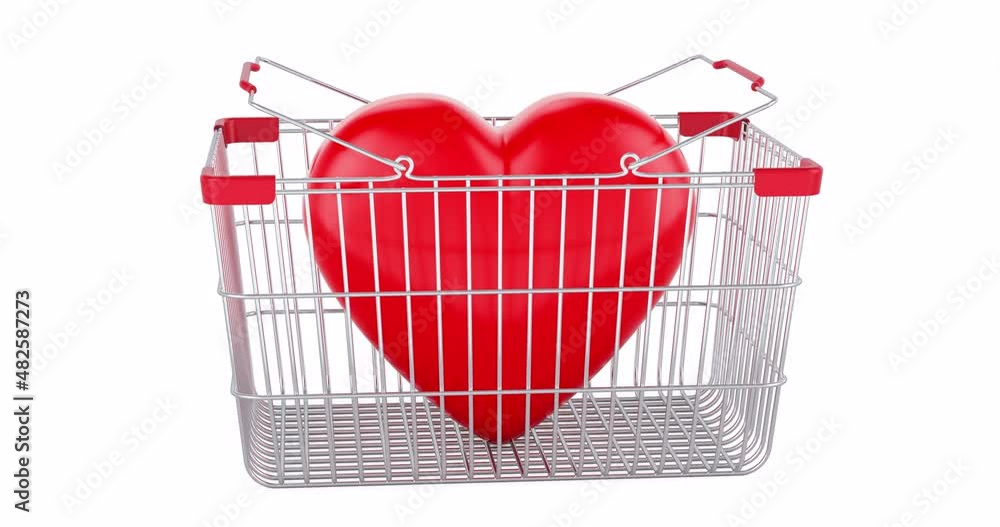 Poster red heart adding to shopping basket, 3d animation. 3d rendering