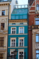 Narrow tenement house No. 23 at Kielbasnicza Street, Hotel Academus, Wroclaw, Poland, Europe
