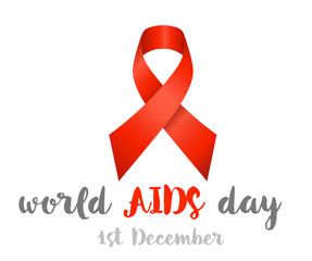Stop AIDS: Realistic red ribbon, aids awareness symbol, isolated on white. 1st December World Aids Day. Vector illustration