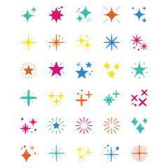Collection Of Star Shining Light Effect, Bright fireworks, and Sparkling Elements with Multicolored Filled Outlines. Perfect for Websites, Advertisements, Banners, Posters, Billboards, Templates, Logo