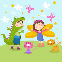 Obraz na płótnie Canvas Kids wearing cute dinosaur and butterfly costumes
