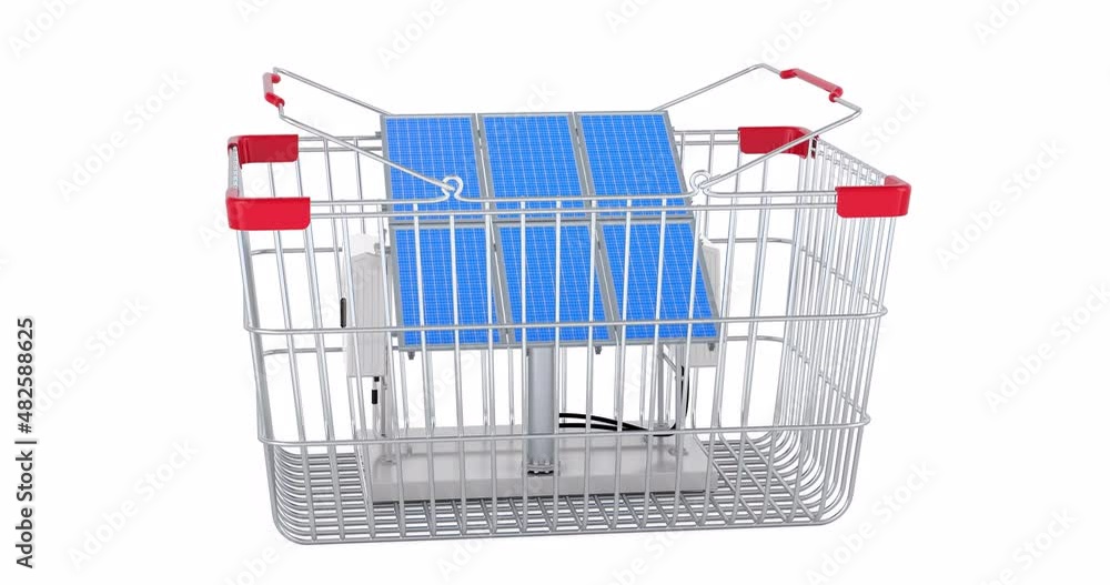 Poster solar panel adding to shopping basket, 3d animation. 3d rendering
