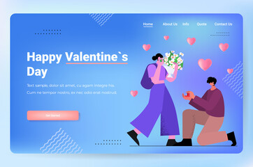 man kneeling holding engagement ring proposing woman marry him happy valentines day concept